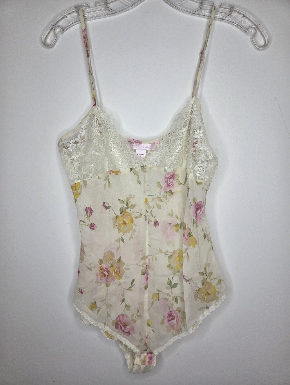 Victoria's Secret Size S Ivory Floral Lace-Trim Cami Bodysuit 100%silk